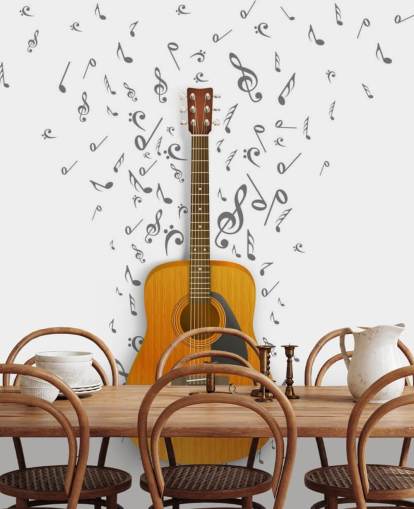 Decorazione murale con chitarra con note nere che fluttuano su sfondo bianco