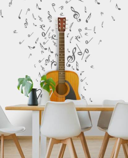 Guitar with Black Notes Floating Out on White Background Wall Mural
