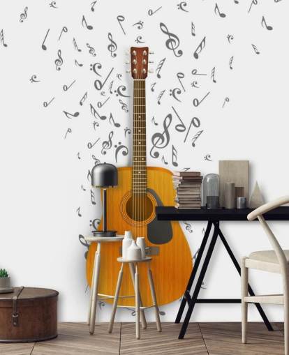 Guitar with Black Notes Floating Out on White Background Wall Mural
