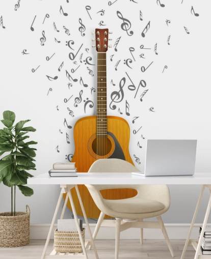 Mural de pared Guitarra con notas negras flotando sobre fondo blanco