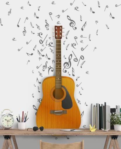 Gitaar met zwarte noten zwevend op witte achtergrond muurschildering