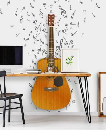 Mural de pared Guitarra con notas negras flotando sobre fondo blanco
