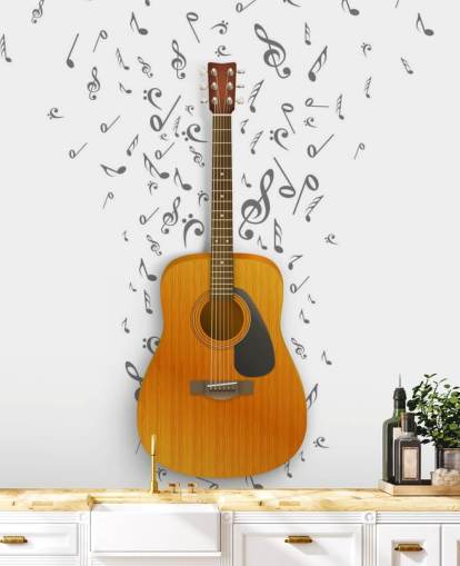 Decorazione murale con chitarra con note nere che fluttuano su sfondo bianco Decorazione murale con chitarra con note nere che fluttuano su sfondo bianco