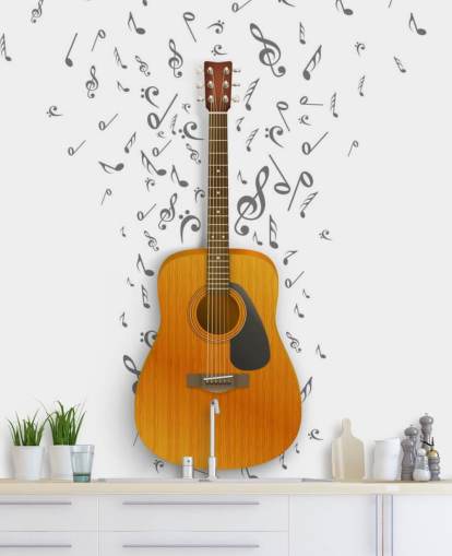 Guitar with Black Notes Floating Out on White Background Wall Mural