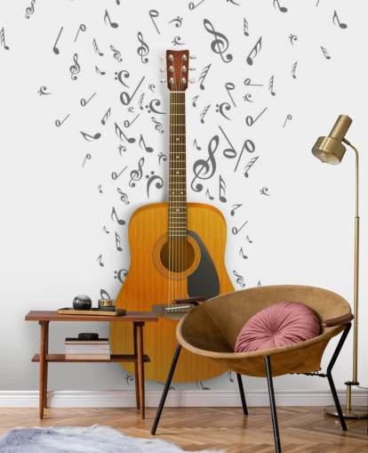 Decorazione murale con chitarra con note nere che fluttuano su sfondo bianco