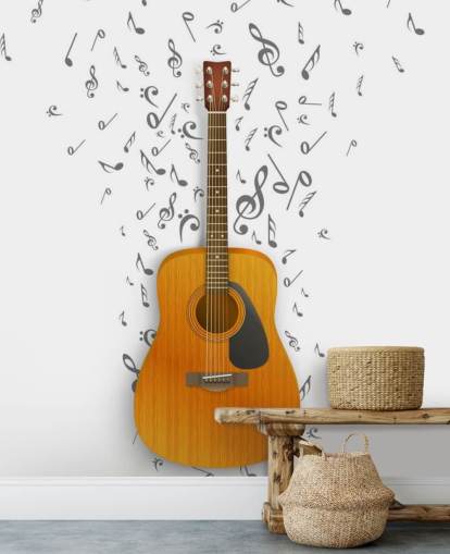 Guitar with Black Notes Floating Out on White Background Wall Mural