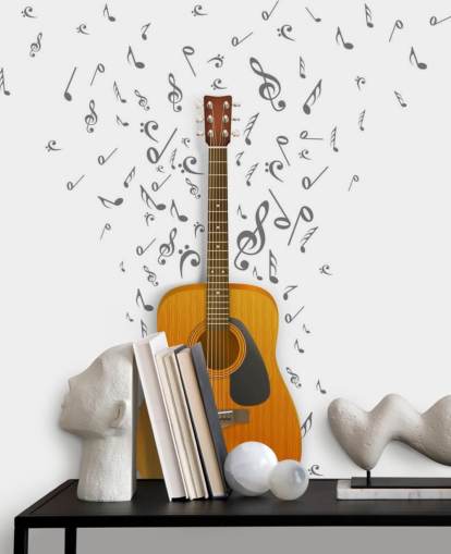 Mural de pared Guitarra con notas negras flotando sobre fondo blanco