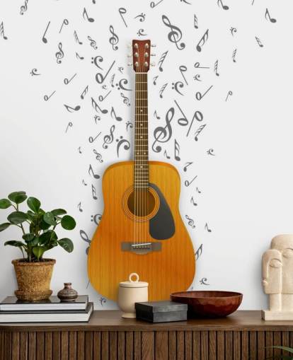 Gitarre mit schwarzen Noten auf weißem Hintergrund Wandgemälde Gitarre mit schwarzen Noten auf weißem Hintergrund Wandgemälde