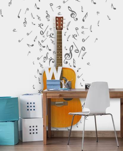 Mural de pared Guitarra con notas negras flotando sobre fondo blanco