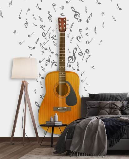 Gitarre mit schwarzen Noten auf weißem Hintergrund Wandgemälde