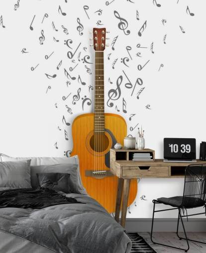 Décoration murale guitare avec notes noires flottant sur fond blanc