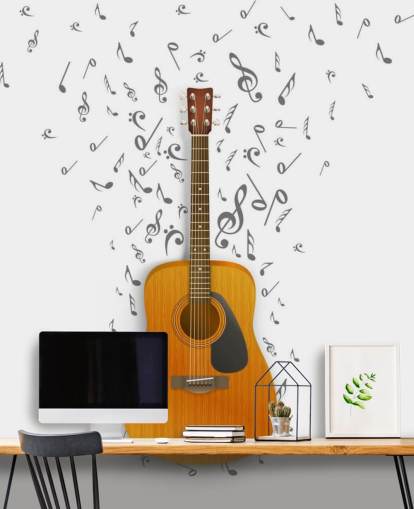 Guitar med sorte noter flyder ud på hvid baggrund vægmaleri Guitar med sorte noter flyder ud på hvid baggrund vægmaleri