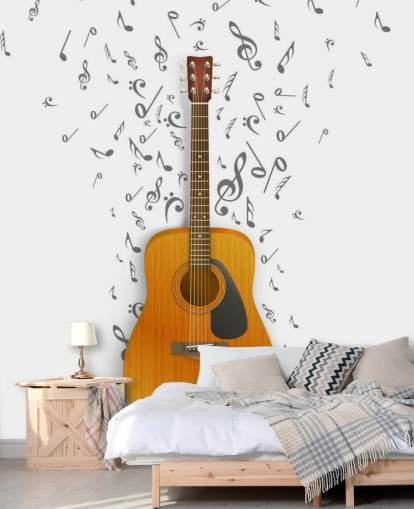 Gitaar met zwarte noten zwevend op witte achtergrond muurschildering Gitaar met zwarte noten zwevend op witte achtergrond muurschildering