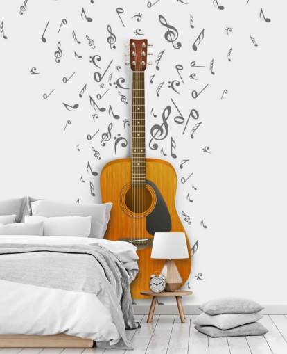 Gitarre mit schwarzen Noten auf weißem Hintergrund Wandgemälde