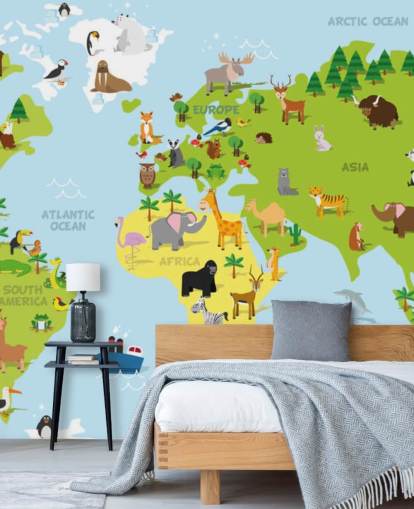 Mural ilustrado de mapamundis infantil con animales