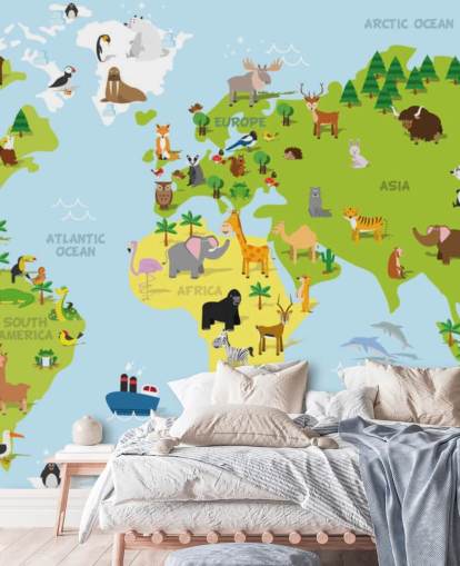 Illustrated Childrens World Map with Animals Wallpaper Mural