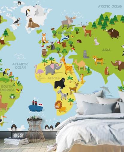 Illustrated Childrens World Map with Animals Wallpaper Mural Illustrated Childrens World Map with Animals Wallpaper Mural