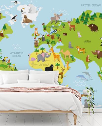 Illustrated Childrens World Map with Animals Wallpaper Mural