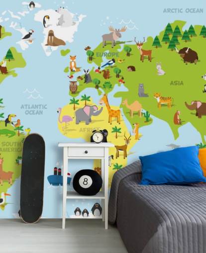 Illustrated Childrens World Map with Animals Wallpaper Mural Illustrated Childrens World Map with Animals Wallpaper Mural