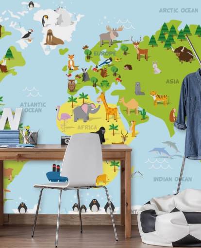 Mapa do mundo infantil ilustrado com animais, papel de parede e mural