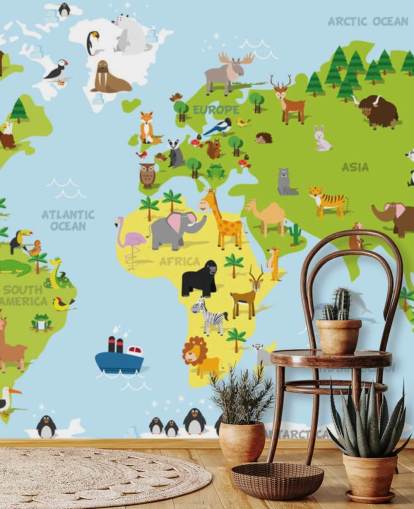 Illustrated Childrens World Map with Animals Wallpaper Mural Illustrated Childrens World Map with Animals Wallpaper Mural