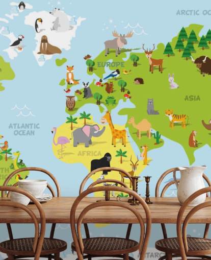 Mapa do mundo infantil ilustrado com animais, papel de parede e mural