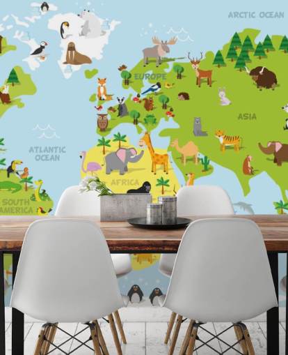 Carta da parati murale illustrata con mappa del mondo per bambini con animali Carta da parati murale illustrata con mappa del mondo per bambini con animali