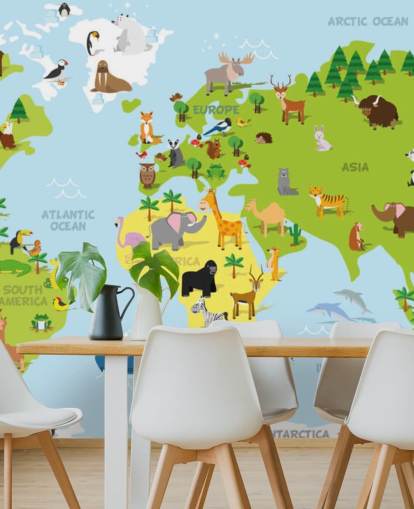Illustrated Childrens World Map with Animals Wallpaper Mural