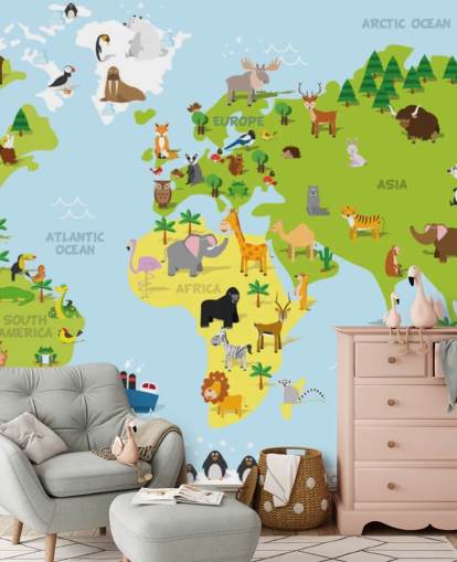 Mapa do mundo infantil ilustrado com animais, papel de parede e mural Mapa do mundo infantil ilustrado com animais, papel de parede e mural