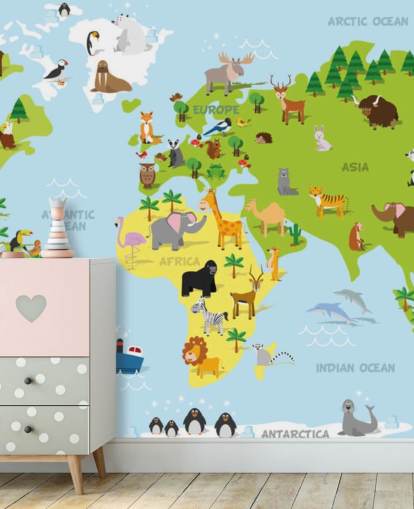 Illustrated Childrens World Map with Animals Wallpaper Mural Illustrated Childrens World Map with Animals Wallpaper Mural