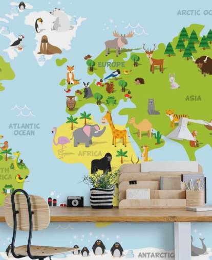 Mural ilustrado de mapamundis infantil con animales
