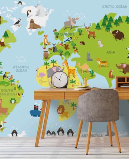 Illustrated Childrens World Map with Animals Wallpaper Mural Illustrated Childrens World Map with Animals Wallpaper Mural