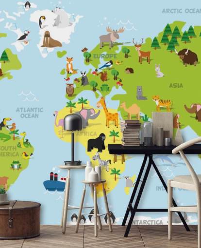 Mural ilustrado de mapamundis infantil con animales