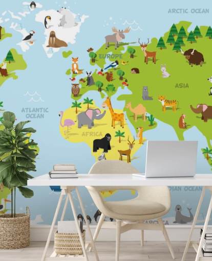 Papier peint Carte du monde illustrée pour enfants avec des animaux Papier peint Carte du monde illustrée pour enfants avec des animaux