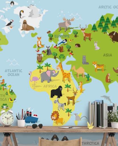 Illustrated Childrens World Map with Animals Wallpaper Mural