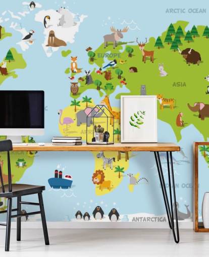 Mural ilustrado de mapamundis infantil con animales