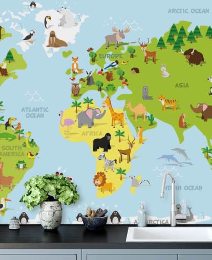 Mural ilustrado de mapamundis infantil con animales