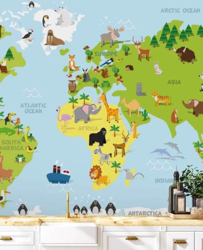 Mural ilustrado de mapamundis infantil con animales Mural ilustrado de mapamundis infantil con animales