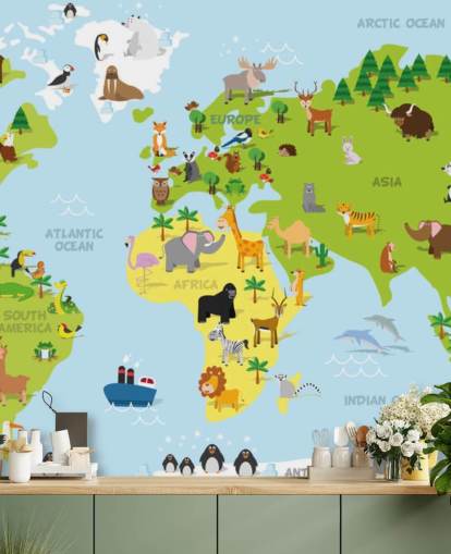 Illustrated Childrens World Map with Animals Wallpaper Mural Illustrated Childrens World Map with Animals Wallpaper Mural