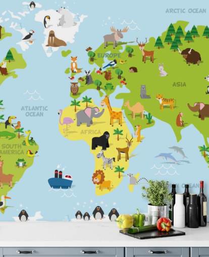 Mural ilustrado de mapamundis infantil con animales Mural ilustrado de mapamundis infantil con animales