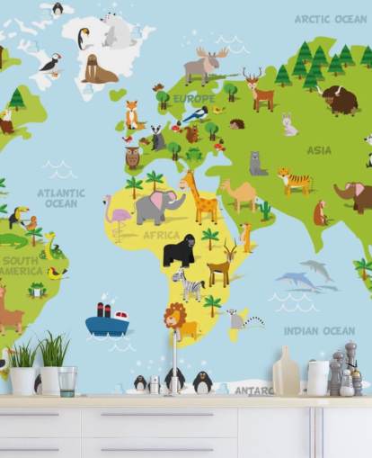 Illustrated Childrens World Map with Animals Wallpaper Mural