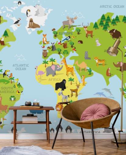 Illustrated Childrens World Map with Animals Wallpaper Mural Illustrated Childrens World Map with Animals Wallpaper Mural
