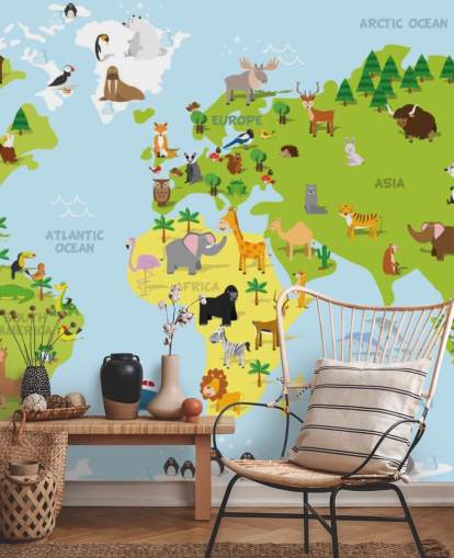 Illustrated Childrens World Map with Animals Wallpaper Mural