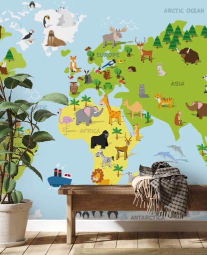 Mapa do mundo infantil ilustrado com animais, papel de parede e mural