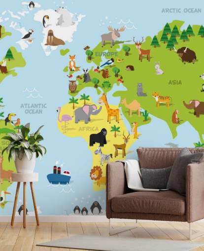 Mural ilustrado de mapamundis infantil con animales