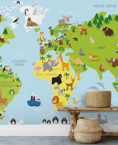 Mural ilustrado de mapamundis infantil con animales Mural ilustrado de mapamundis infantil con animales