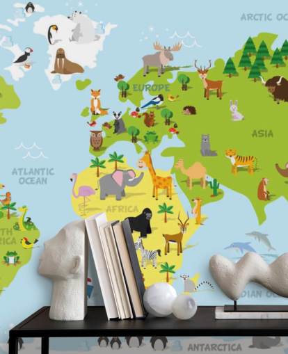 Geïllustreerde wereldkaart voor kinderen met behangmuurschildering met dieren