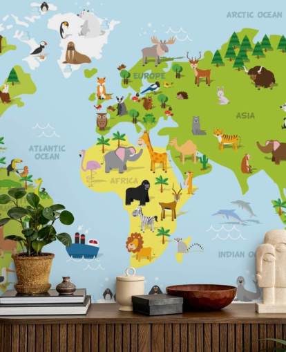 Mural ilustrado de mapamundis infantil con animales Mural ilustrado de mapamundis infantil con animales