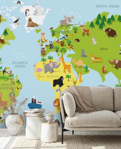 Mural ilustrado de mapamundis infantil con animales