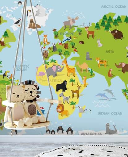 Carta da parati murale illustrata con mappa del mondo per bambini con animali Carta da parati murale illustrata con mappa del mondo per bambini con animali